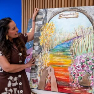 artist with work made for Art Project in Partnership with the Health, Wellness and Accessibility Centre at Niagara College Welland Campus, 2024